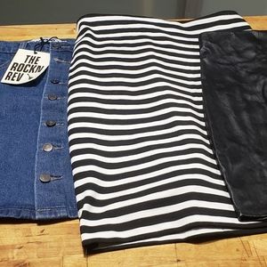 3 Skirts, stretch, pleather, and blue jean mini